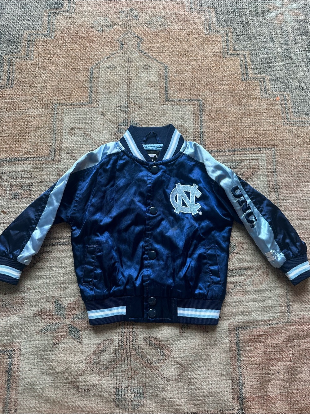 Vintage STARTER Navy and Light Blue Kids Satin Bomber Jacket with UNC Logo